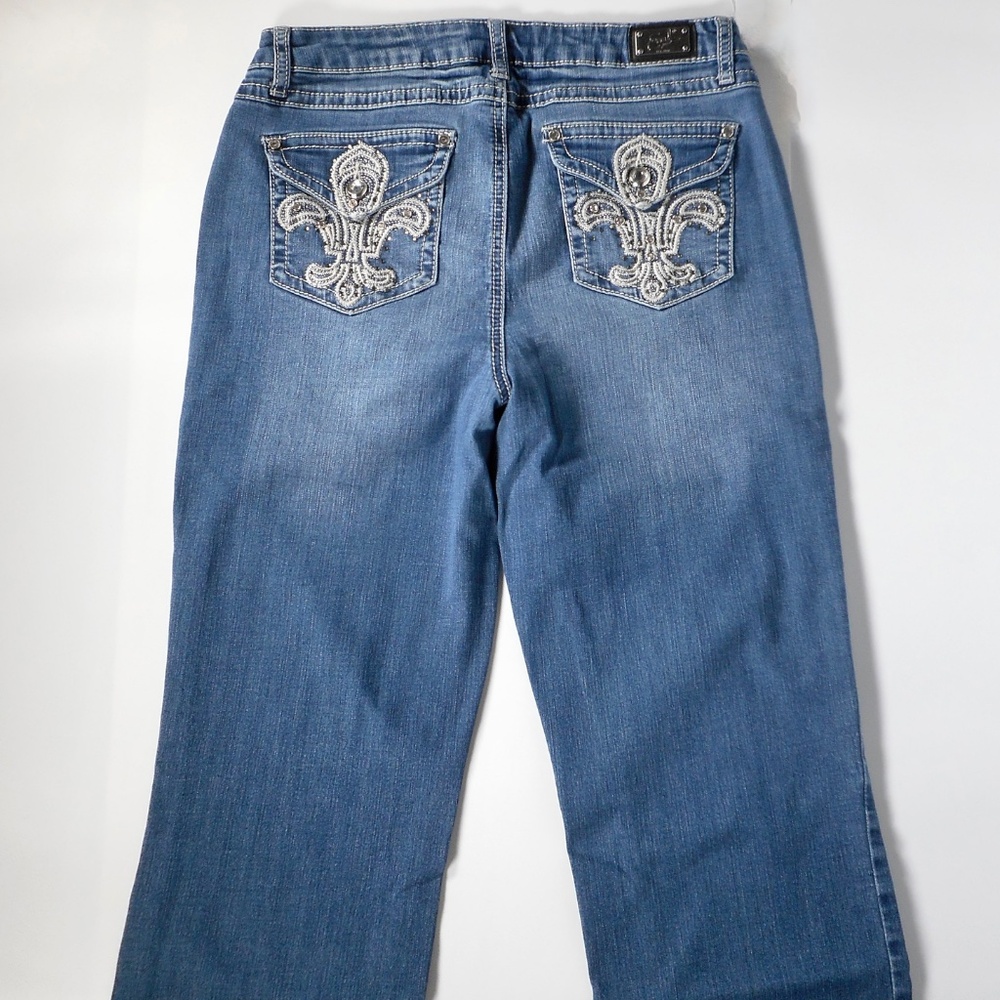 Earl Jeans 12 Denim Blue Straight Leg Bling Flap Pocket 32 x30.5 Fleur De Lis - Picture 4 of 10